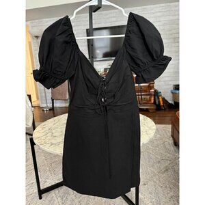 New Blue Blush Black Front Tie Puff Sleeve Mini Dress Women Size Medium
